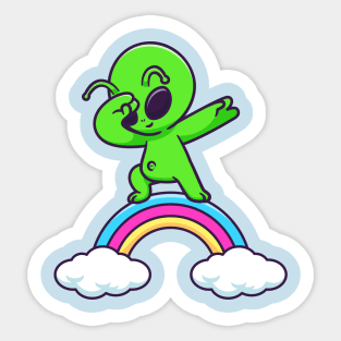 Cute Alien Dabbing On Rainbow Cartoon Sticker